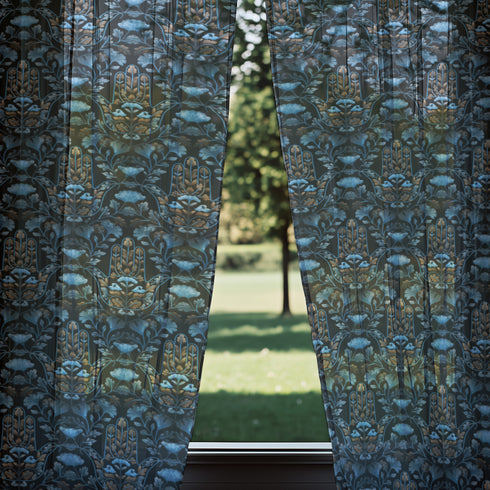 Sheer curtain panel featuring repeating gold hamsa hands surrounded by blue botanical flowers and leaves on dark navy background. Linen-textured polyester fabric filters light while providing elegant window covering with protective symbolism for bohemian or Victorian interiors.